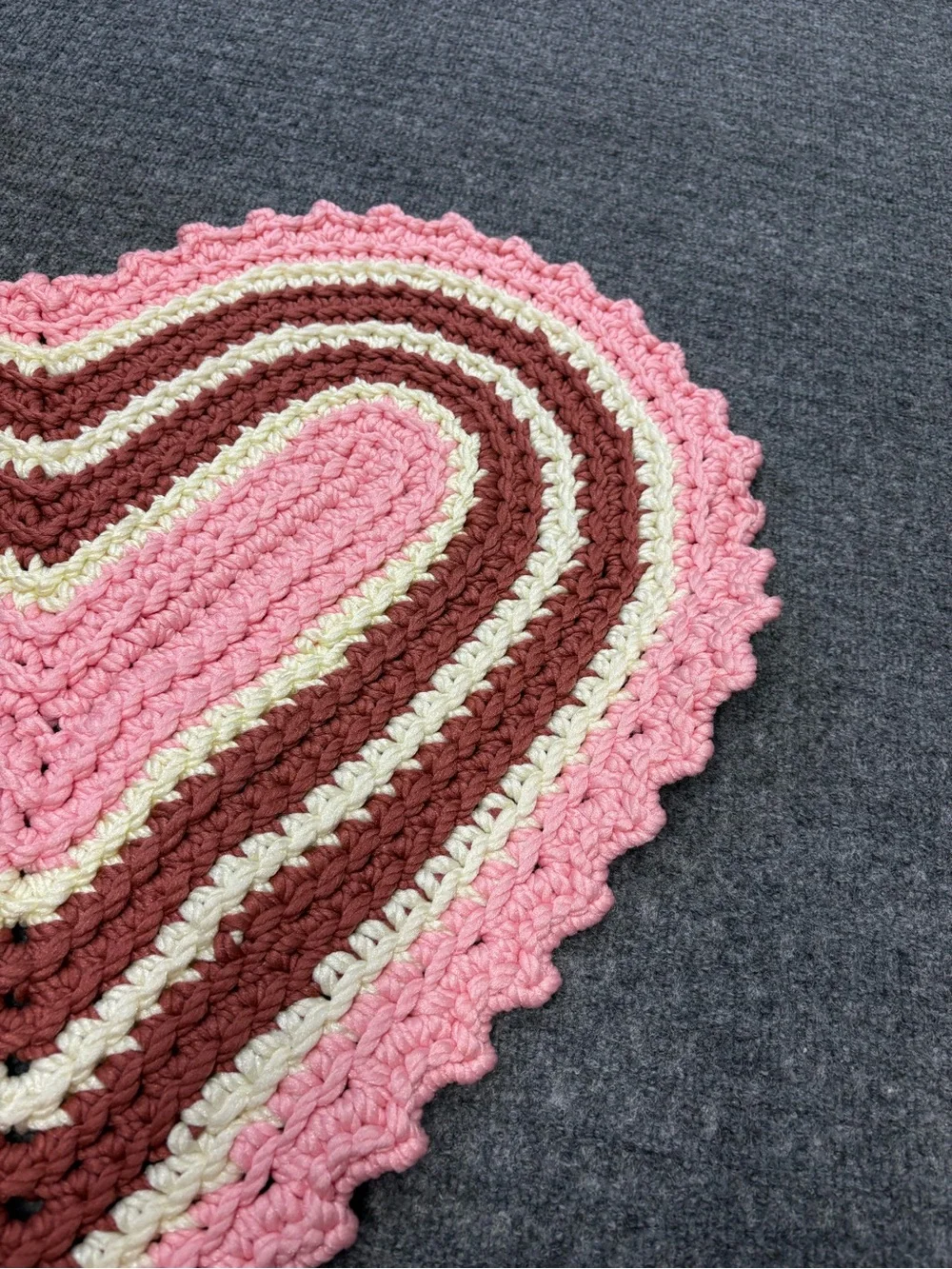Hand Crafted Heart Crochet Door Mat in Pink, Brown, Cream